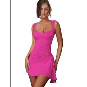 Coral Ruched Side-Tie Mini Dress | Bodycon Skater/ Summer | Hot Pink Adjacent